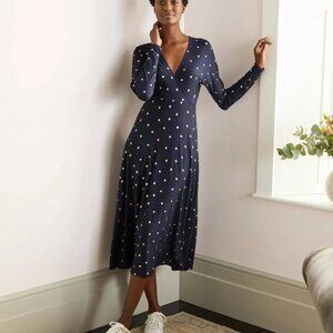 Boden Gemma Jersey Dress Navy Blue Gold metallic polka dots